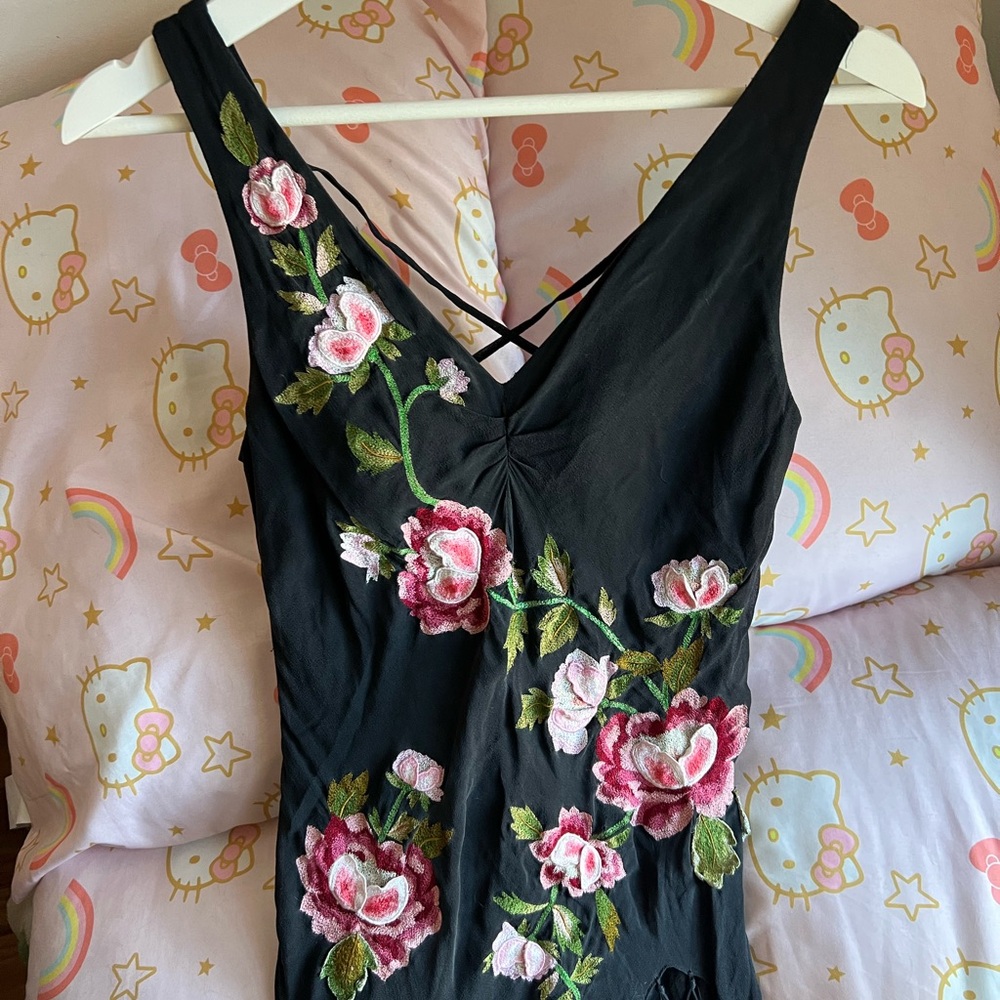 Sue Wong Vintage Y2K Black Silk Embroidered Fringed Dress | Size 4